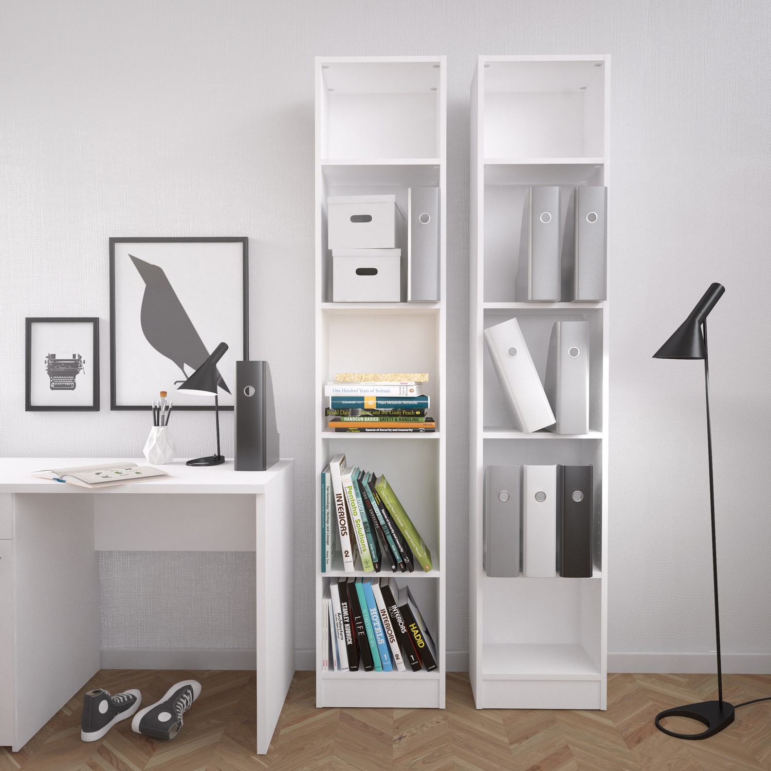 Basic Tall Narrow Bookcase 4 Shelves In, Narrow White Bookcase