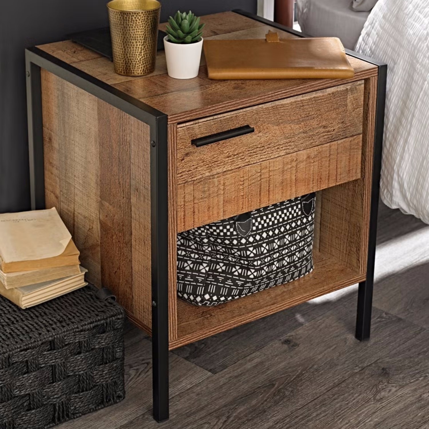 Photo of Rustic oak industrial bedside table with drawer - hoxton - lpd