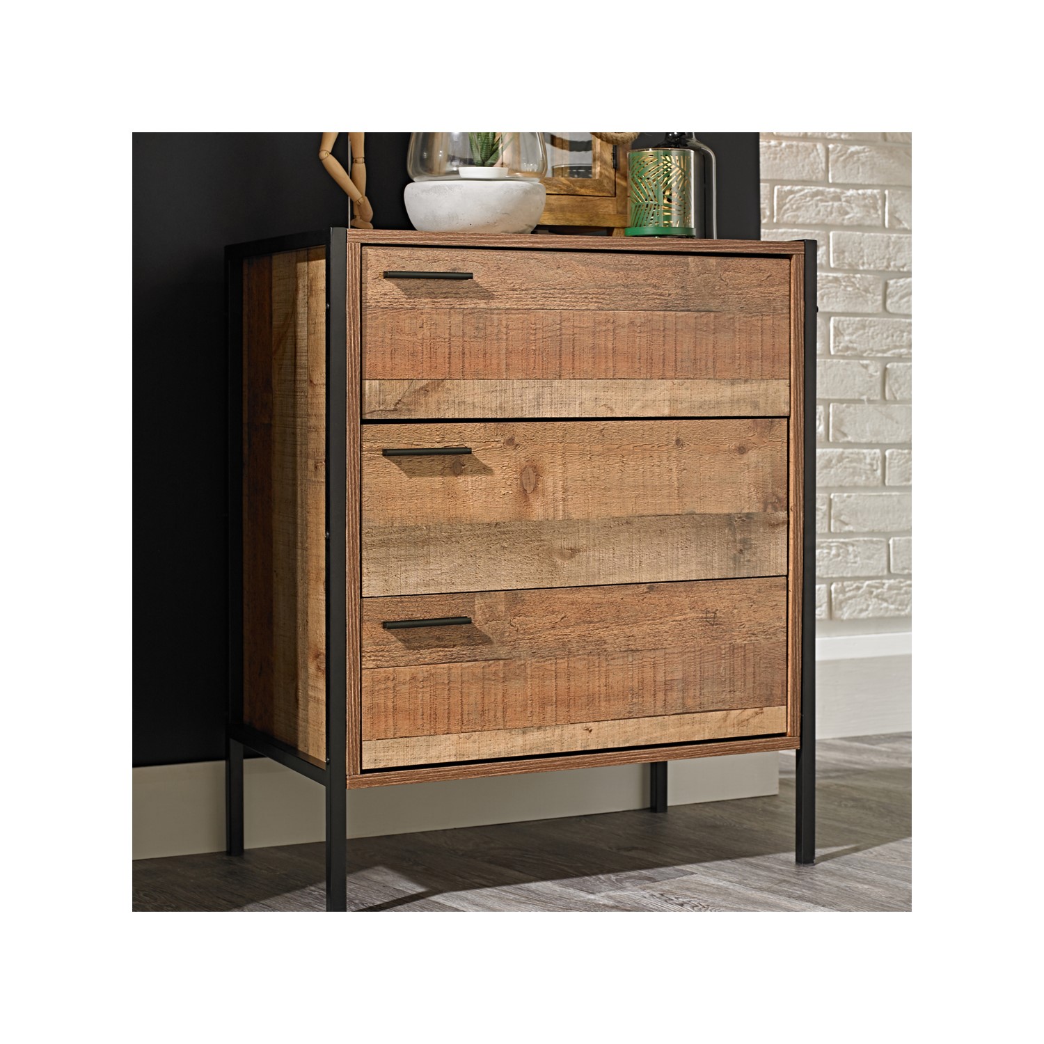 Photo of Rustic oak industrial chest of 3 drawers with legs - hoxton - lpd