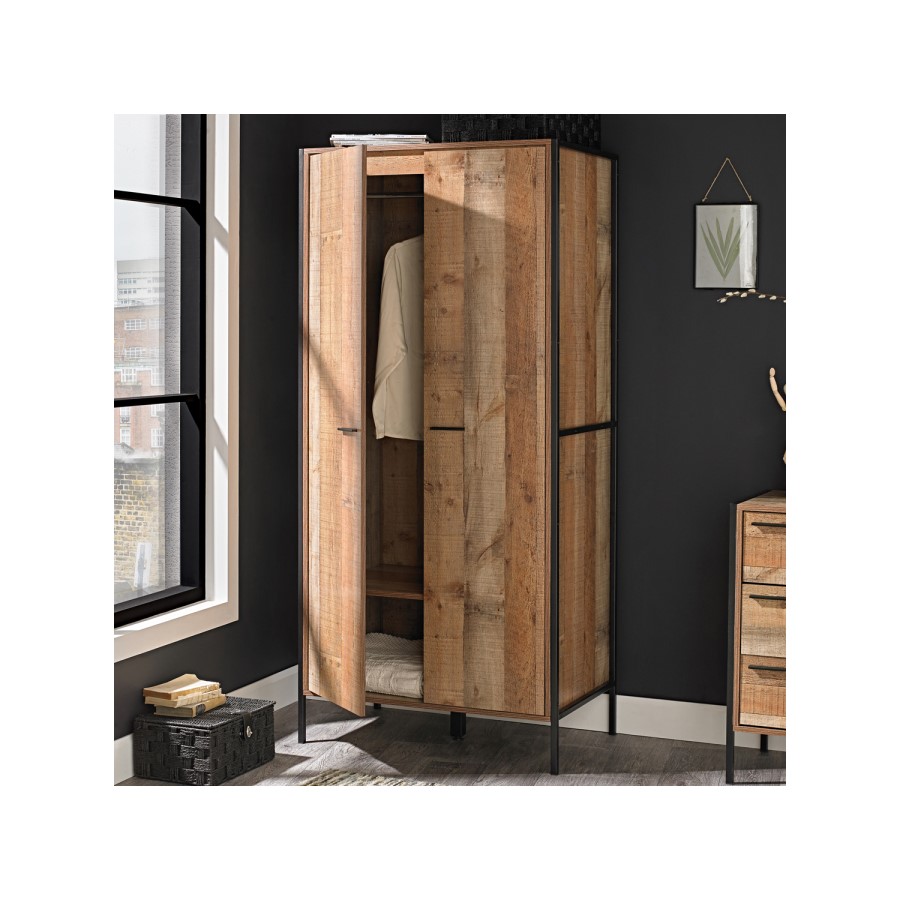 LPD 2 Door Wardrobe in Distressed Oak Effect - Industrial Style