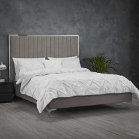 LPD Grey Velvet Double Bed Frame with Mirrored Headboard Trim - Berkeley