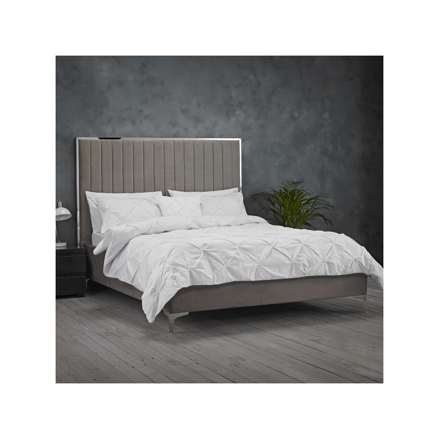 LPD Grey Velvet Double Bed Frame with Mirrored Headboard Trim - Berkeley