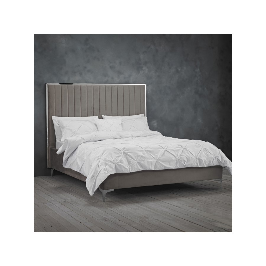 LPD Grey Velvet Double Bed Frame with Mirrored Headboard Trim - Berkeley