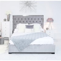 Mabel Grey Velvet Double Bed Frame with Mirrored Headboard Trim