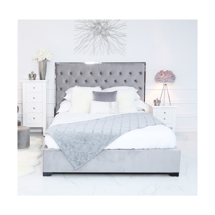 Mabel Grey Velvet Double Bed Frame with Mirrored Headboard Trim