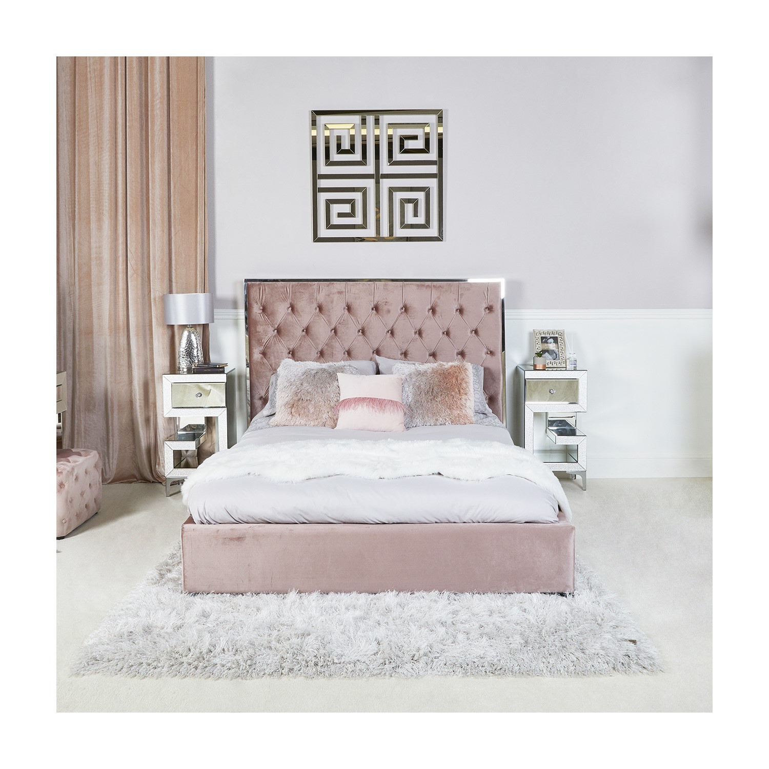 Mabel Pink Velvet Double Bed Frame With Mirrored Headboard Trim Furniture123