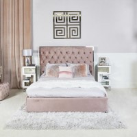 Mabel Pink Velvet King Size Bed Frame with Mirrored Headboard Trim