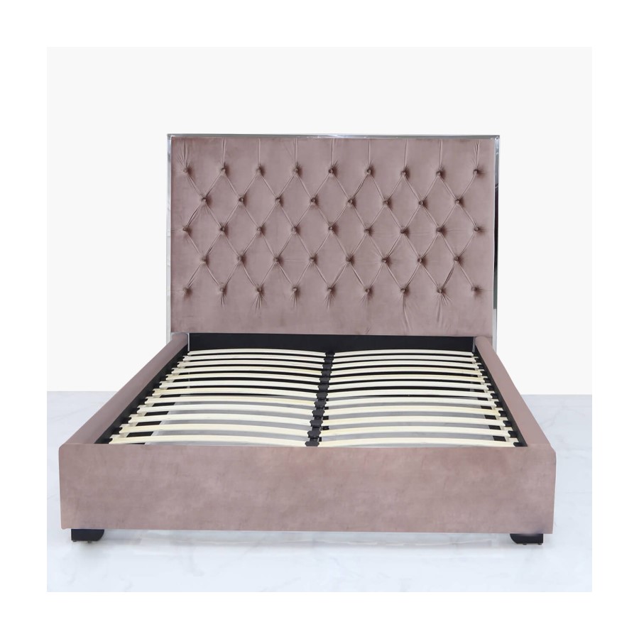 Mabel Pink Velvet King Size Bed Frame with Mirrored Headboard Trim