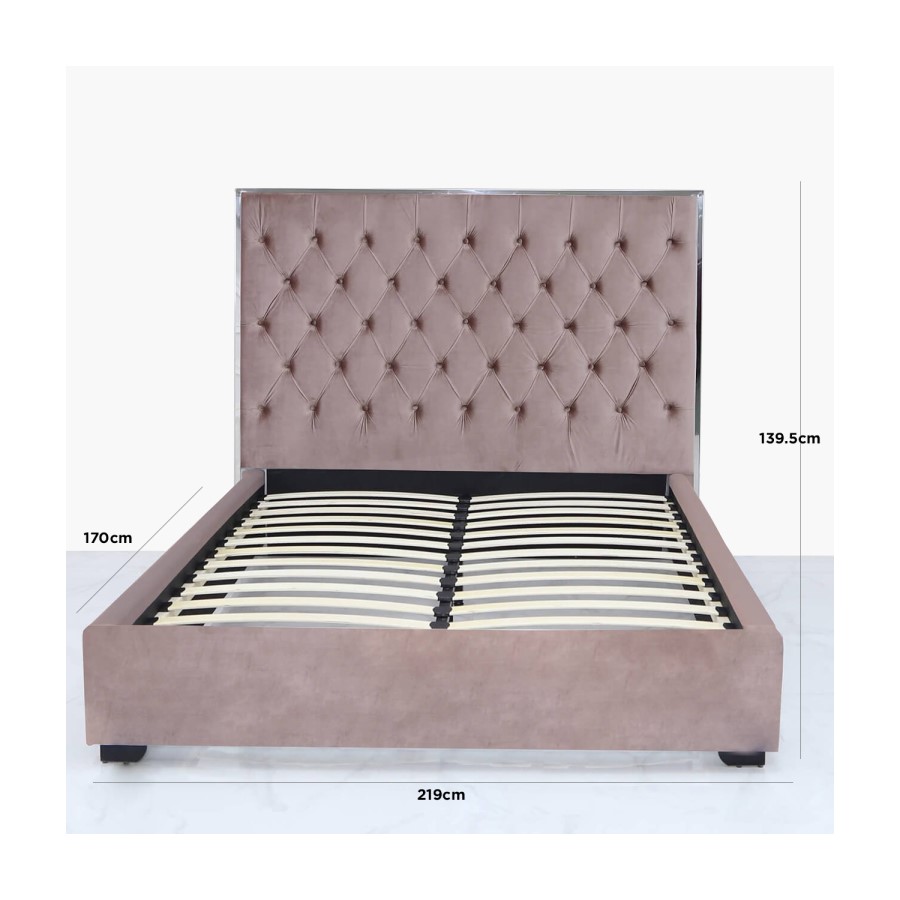 Mabel Pink Velvet King Size Bed Frame with Mirrored Headboard Trim