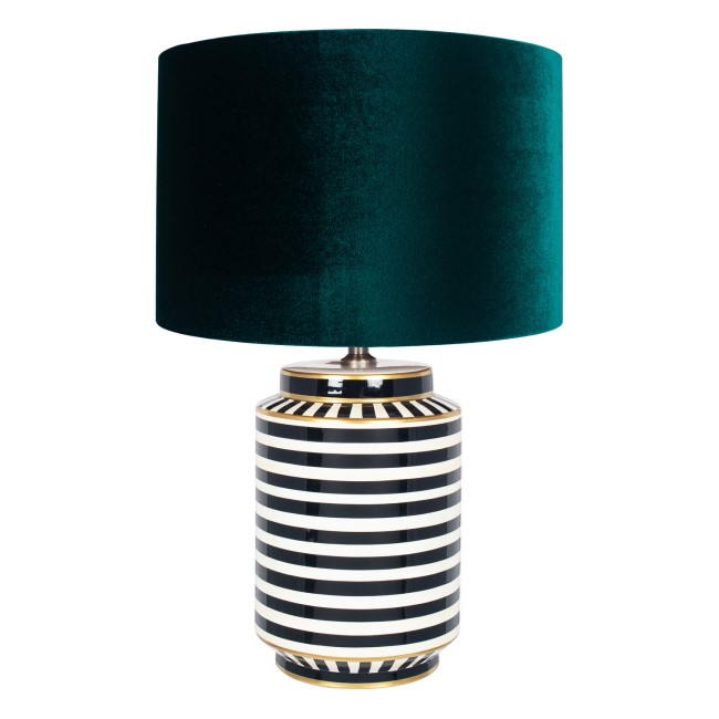 Black & White Striped Ceramic Table Lamp with Green Velvet Shade