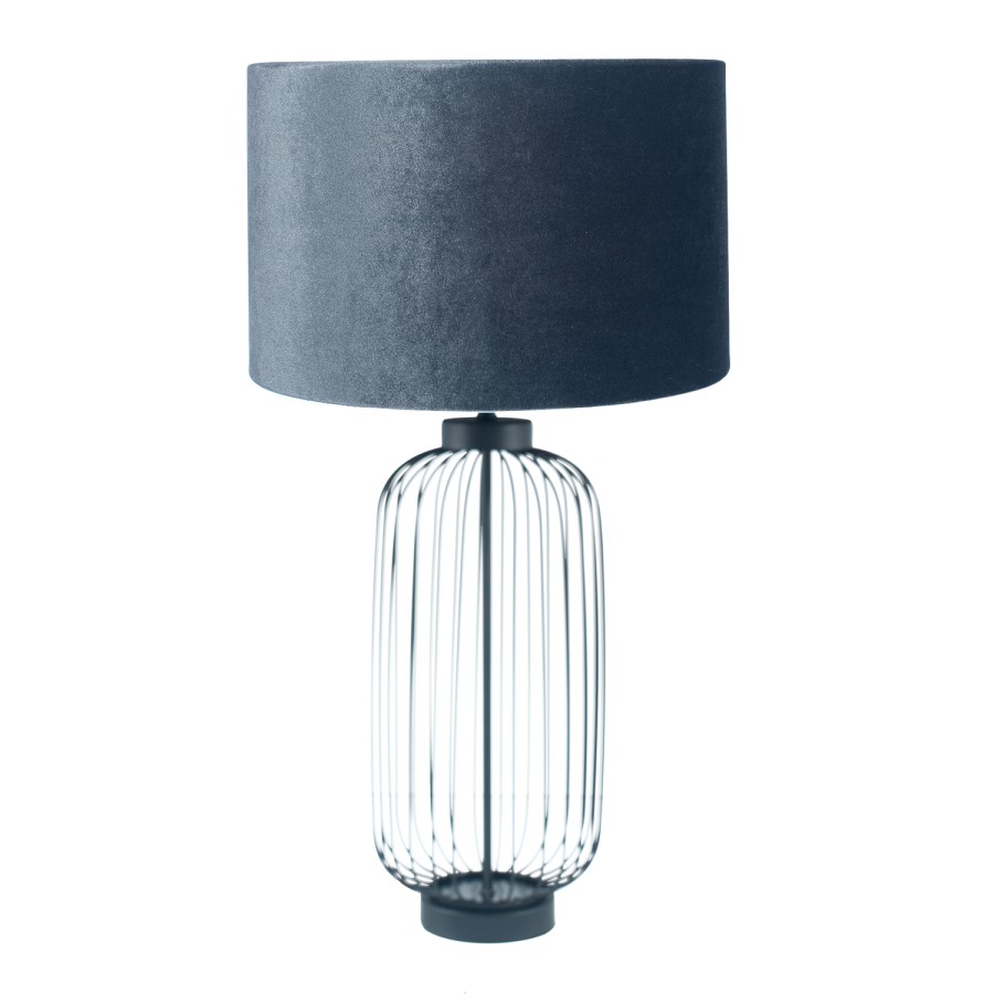 Ribbed Glass Table Lamp with Grey Velvet Shade - Tall