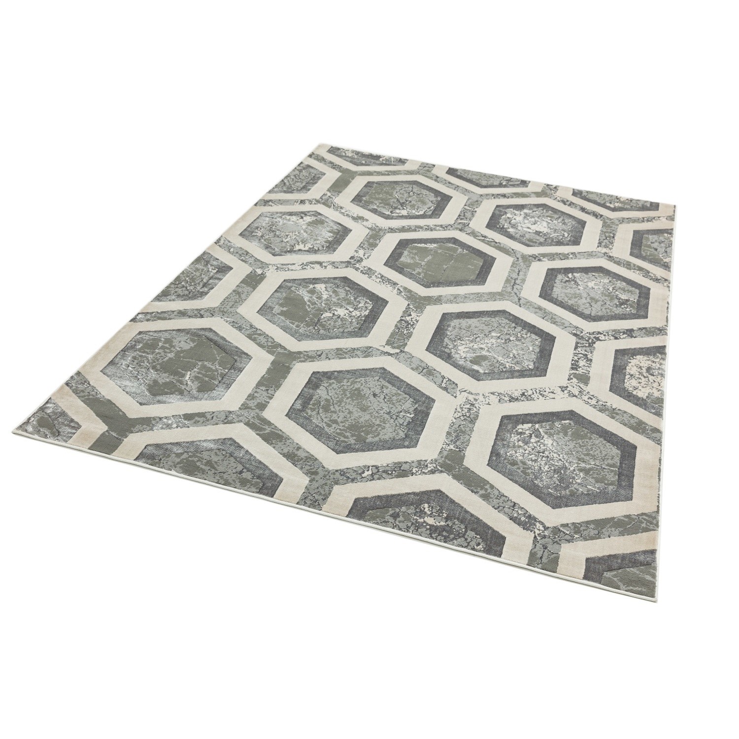 Hexagonal Pattern Rug Large Silver Rug with Hexagon Pattern - 200x290cm - Aurora - Furniture123
