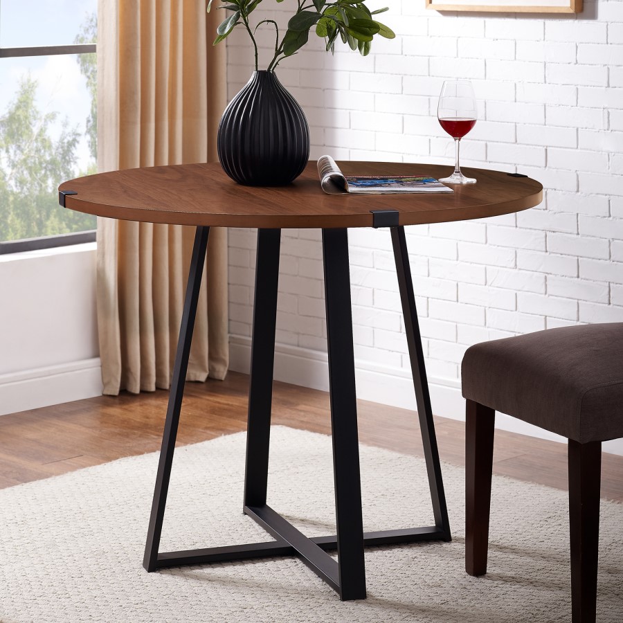 GRADE A2 - Round Dark Wood Dining Table with Black Metal Legs - Seats 4 - Foster