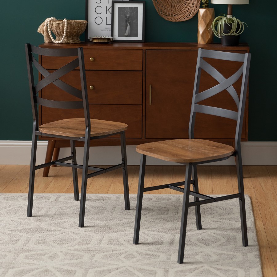 Pair of Industrial Black & Wood Dining Chairs - Foster