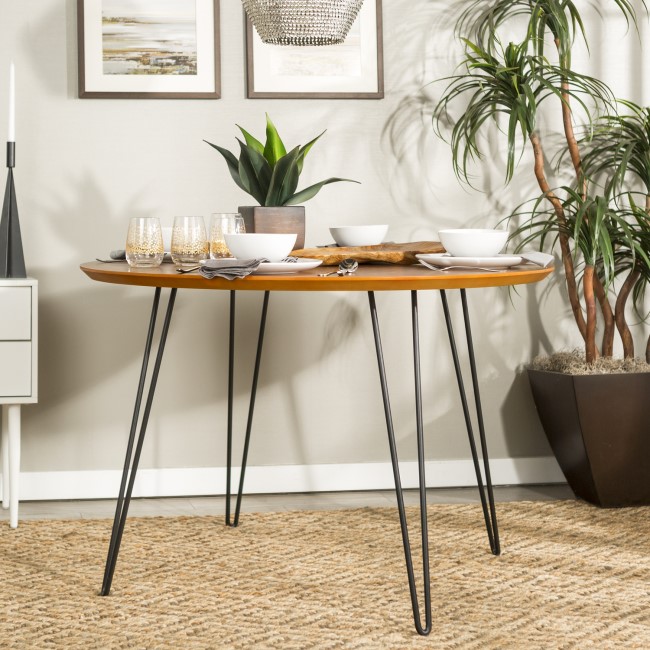 Foster Round Dining Table in Wood & Hairpin Metal Legs