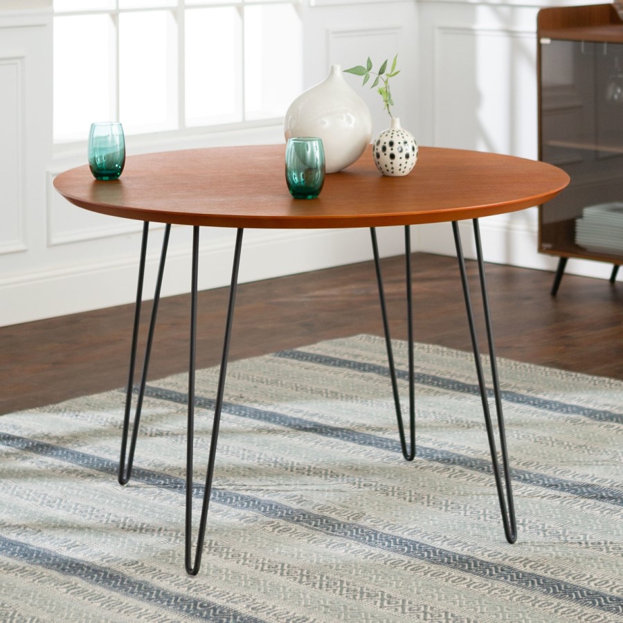 Foster Round Dining Table in Wood & Hairpin Metal Legs