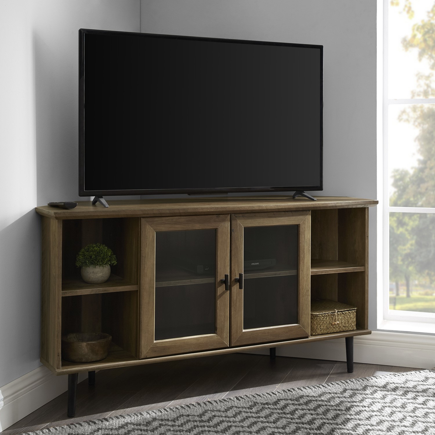 Oak Effect Corner Tv Unit With Storage - Tvs Up To 52