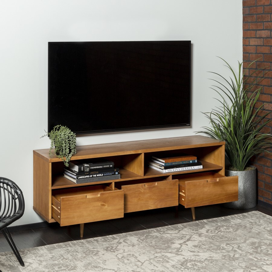 Solid Pine TV Unit with Open Shelves & Storage - TVs up to 64" - Foster