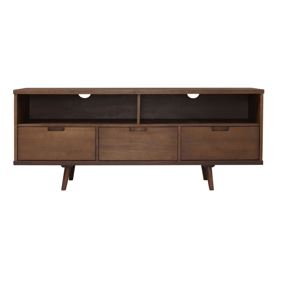 Dark Solid Pine TV Unit with Open Shelves & Storage - TVs up to 64" - Foster