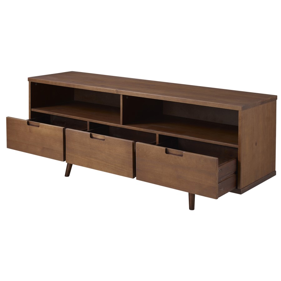 Dark Solid Pine TV Unit with Open Shelves & Storage - TVs up to 64" - Foster