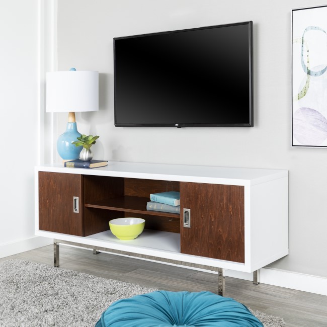 Dark Wood & White TV Unit with Sliding Doors - TVs up to 60" - Foster