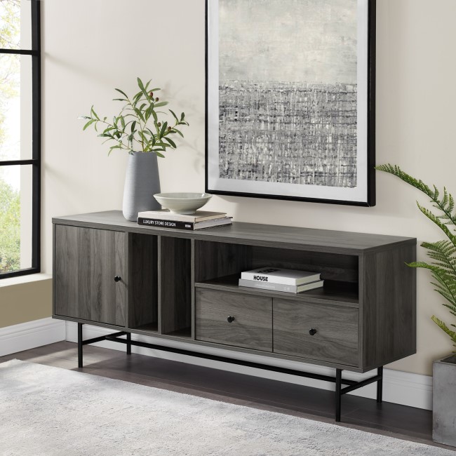 Grey Wash & Black TV Unit with Storage - TVs up to 66" - Foster