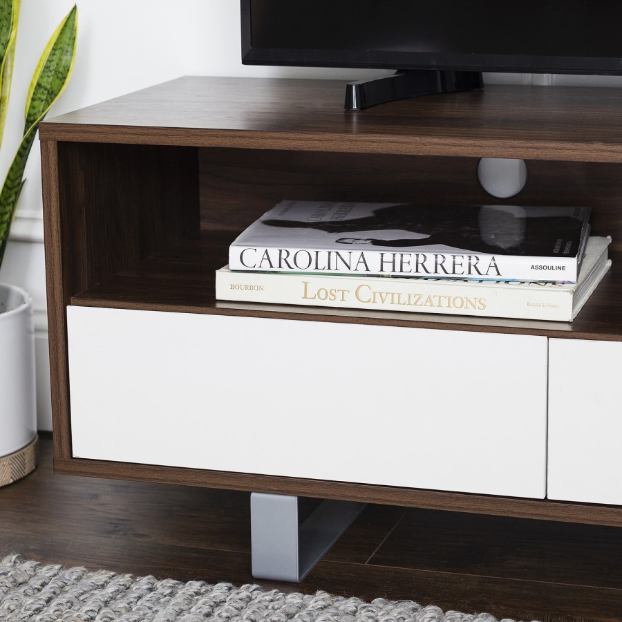 GRADE A1 - Dark Wood TV Unit with White Drawers - TVs up to 66" - Foster