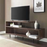 Walnut Effect Open TV Stand with Glass Panels - TVs up to 66" - Foster Walnut Effect Open TV Stand with Glass Panels - TVs up to 66" - Foster