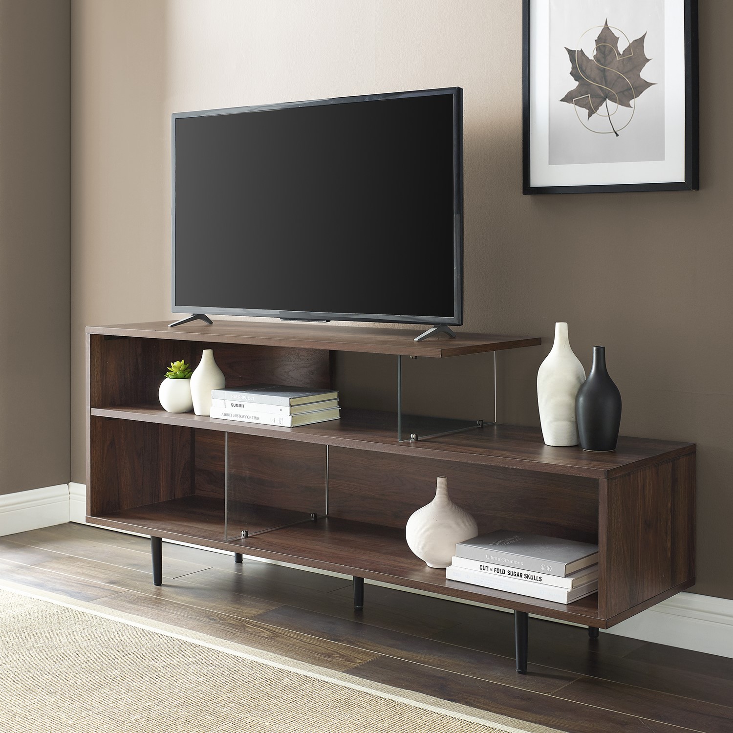 Walnut Effect Open TV Stand with Glass Panels - TVs up to 66