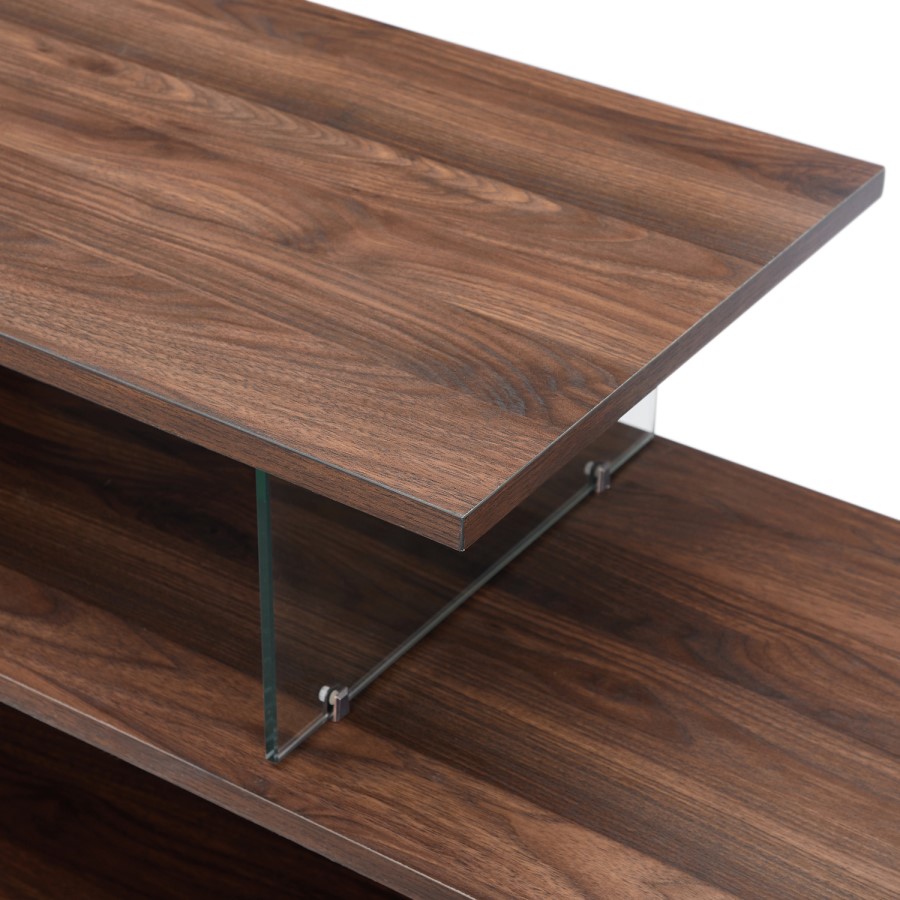 Walnut Effect Open TV Stand with Glass Panels - TVs up to 66" - Foster