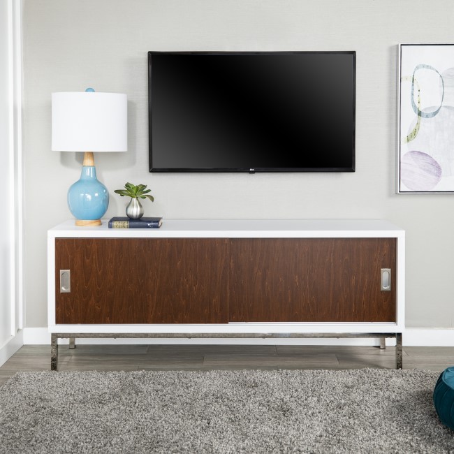 White TV Unit with Dark Wood Effect Sliding Doors - TVs up to 60" - Foster