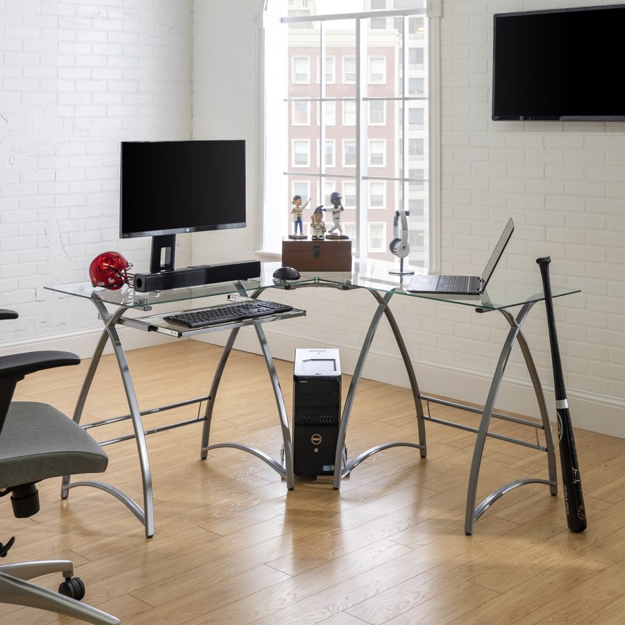 51" Modern Corner Glass Computer Desk - Silver
