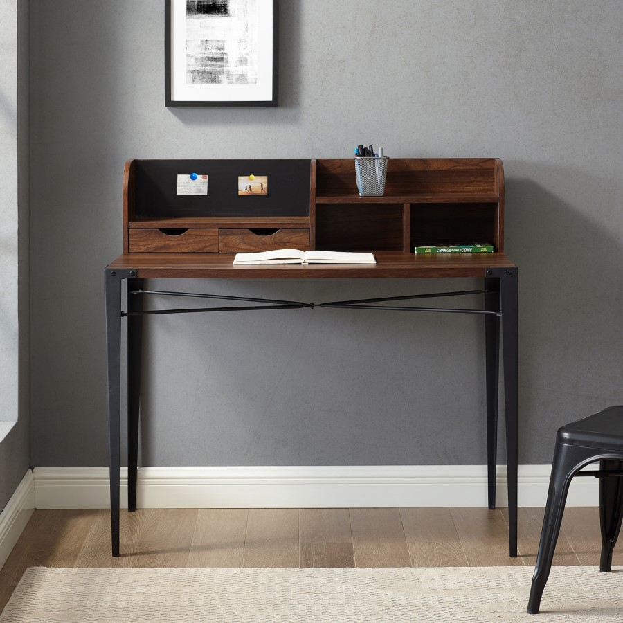 Foster Industrial Secretary Desk with Hutch - Dark Walnut