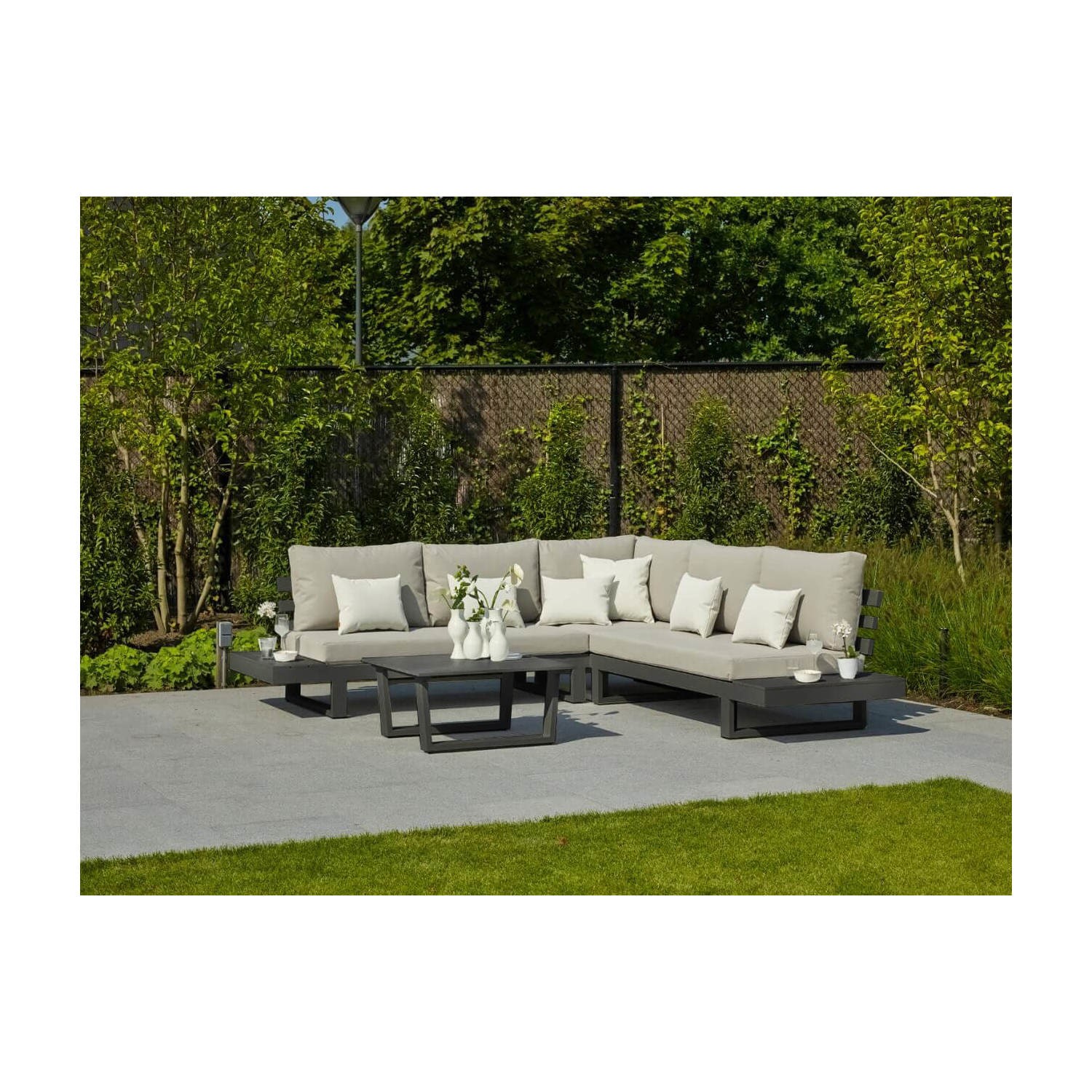 Grey Metal Garden Corner Sofa with Coffee Table Ibiza Furniture123