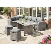 Long Beach Rattan Corner Sofa & Dining Table Set in Grey - Seats 8