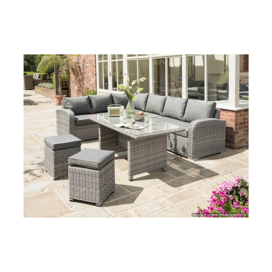 Long Beach Rattan Corner Sofa & Dining Table Set in Grey - Seats 8