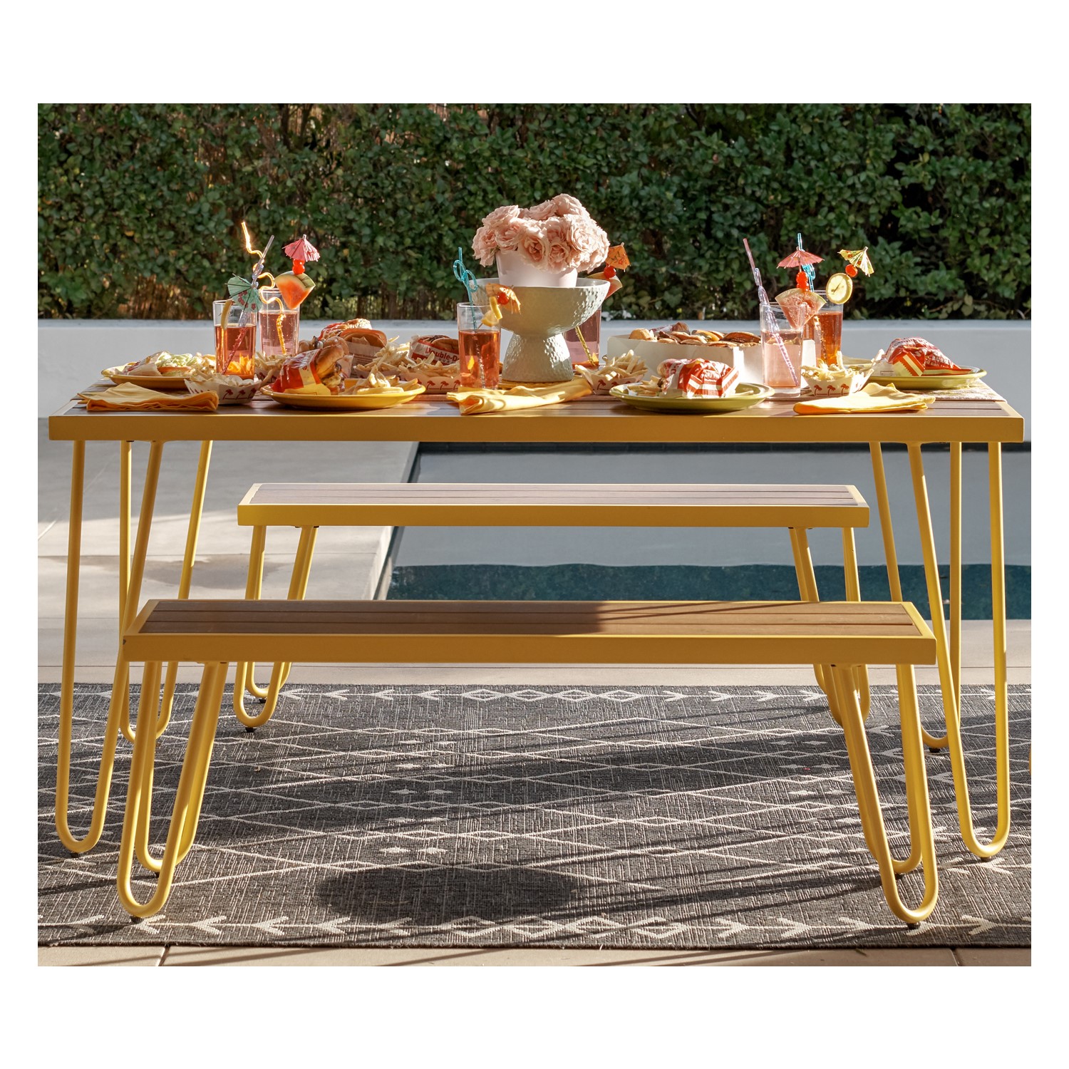 Outdoor Indoor 4 Seater Metal Dining Table Bench Set In Yellow Furniture123