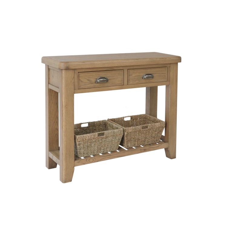 Smoked Oak Console Table with Wicker Baskets