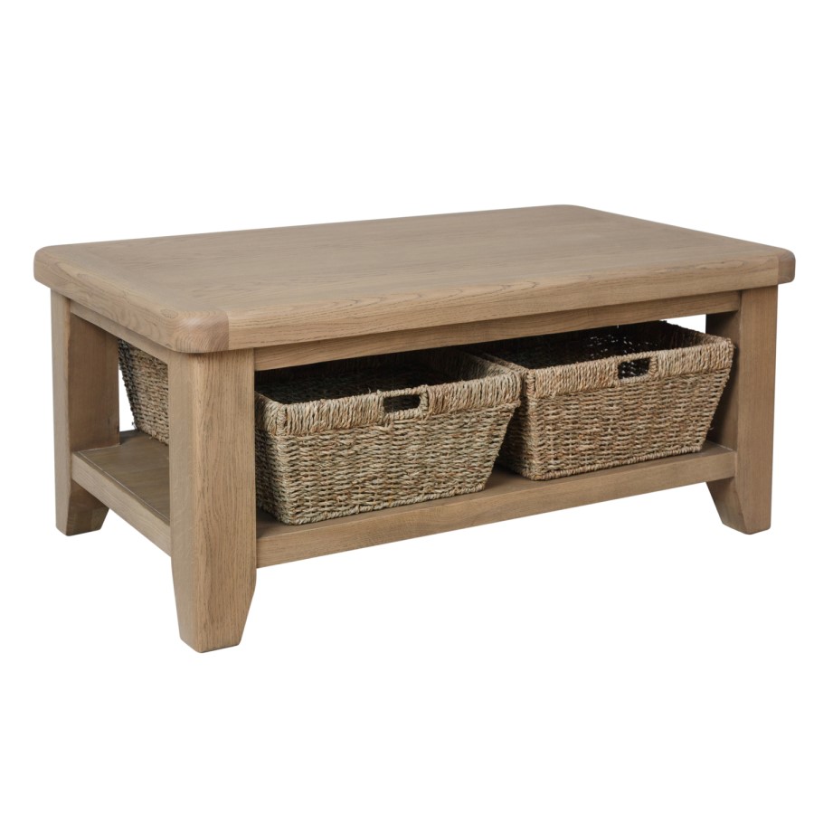 Smoked Oak Coffee Table with Wicker Baskets