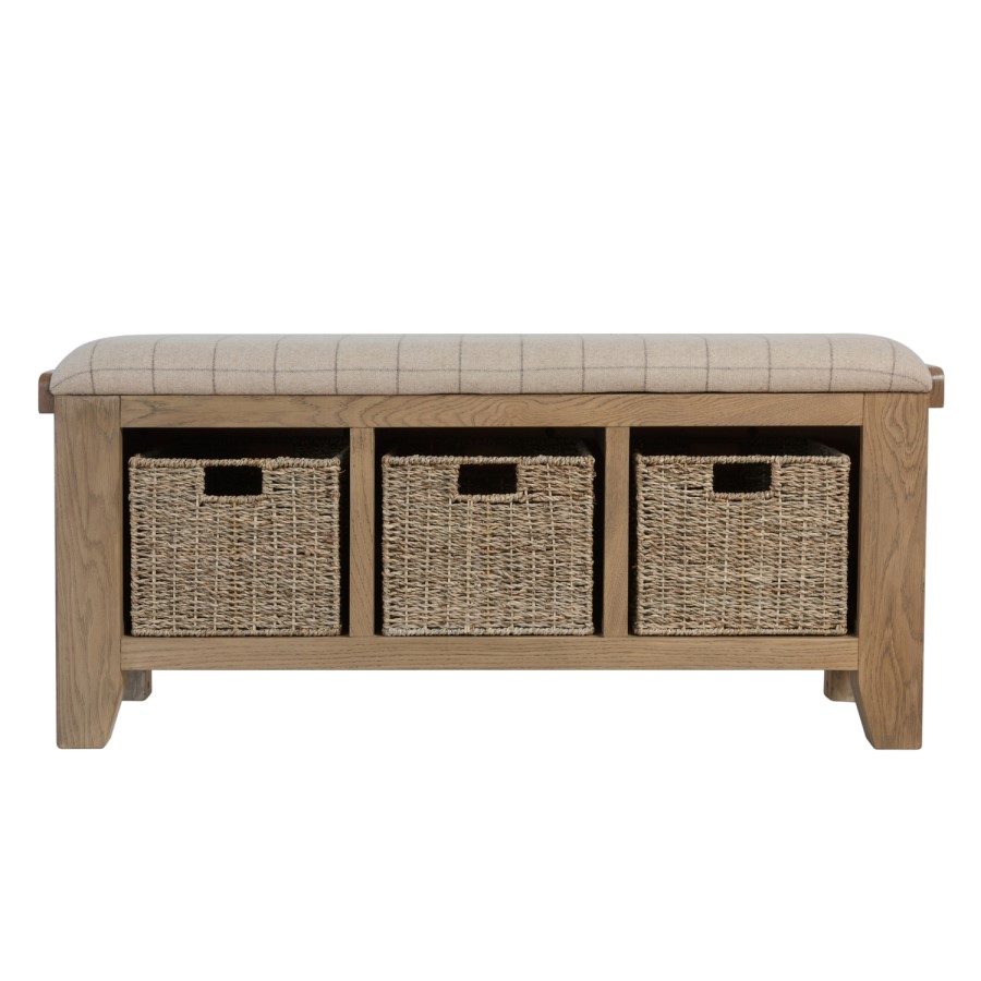 Smoked Oak Hall Bench with Wicker Baskets