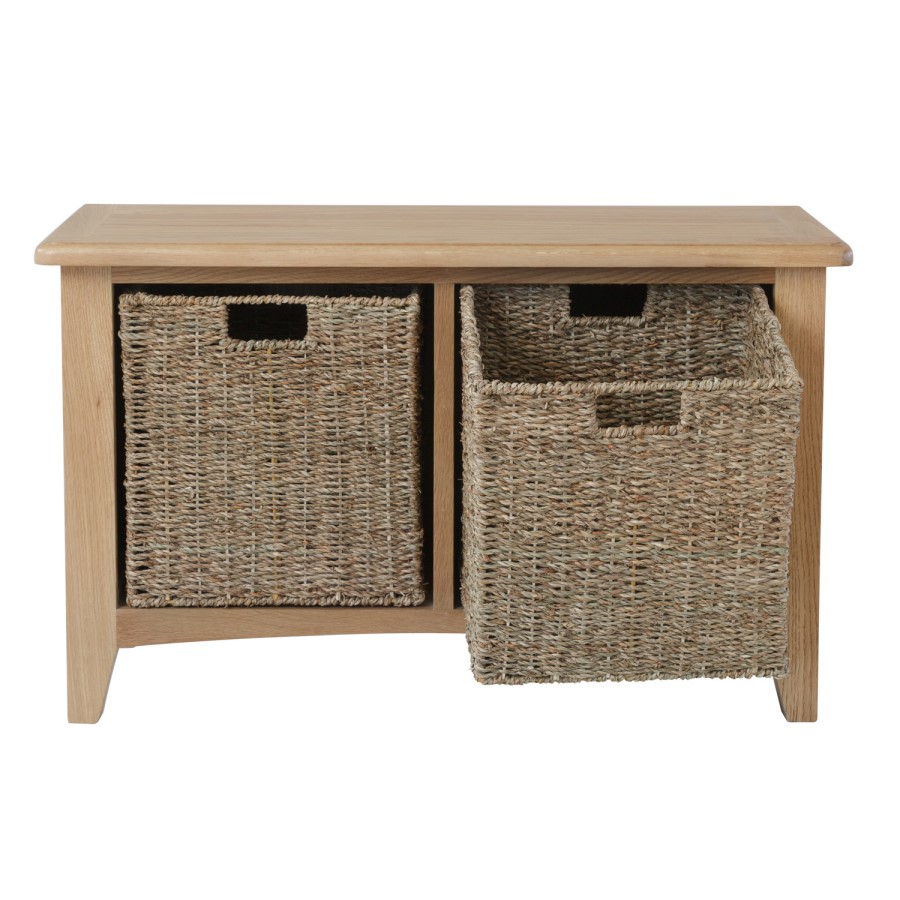 Bourton Solid Oak Hall Bench with Wicker Baskets