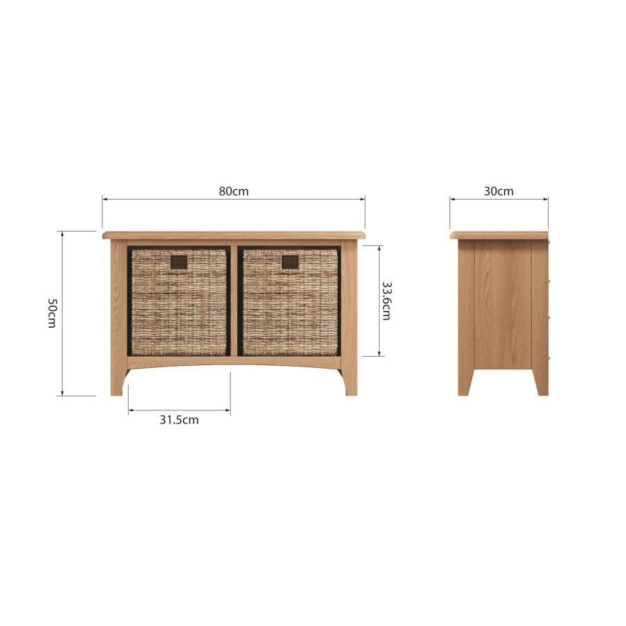 Bourton Solid Oak Hall Bench with Wicker Baskets