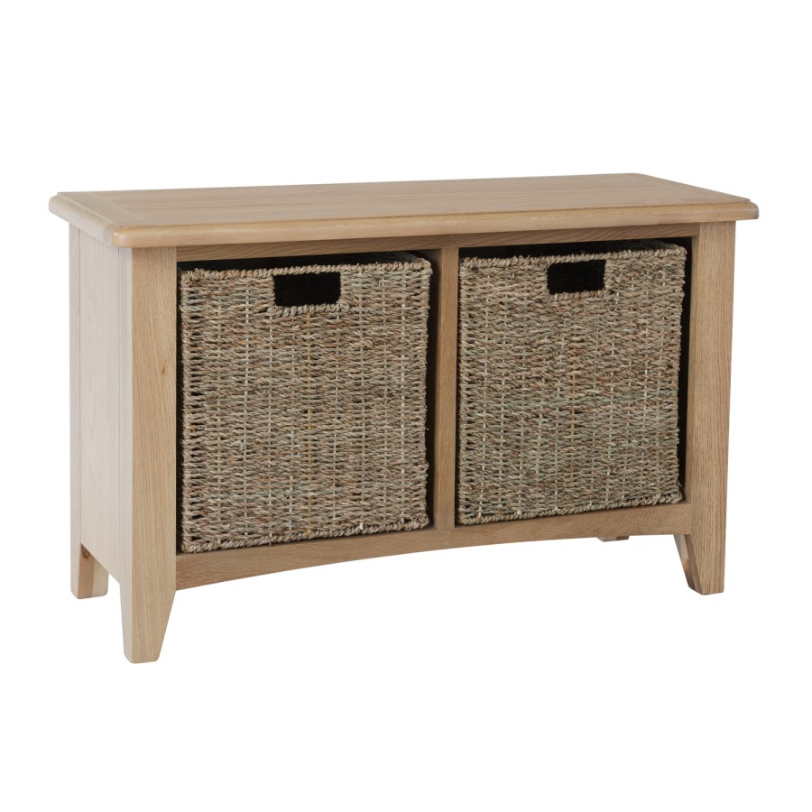Bourton Solid Oak Hall Bench with Wicker Baskets