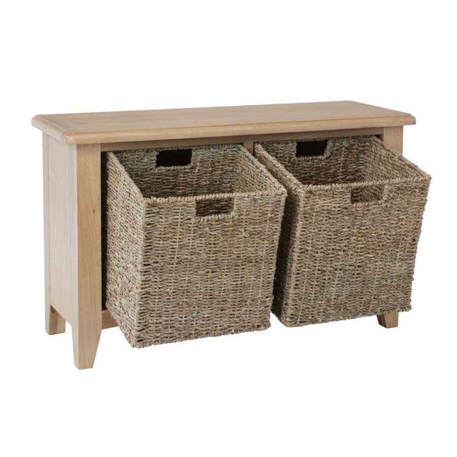 Bourton Solid Oak Hall Bench with Wicker Baskets