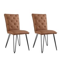 Tan Leather Dining Chairs with Hairpin Legs - Set of 2