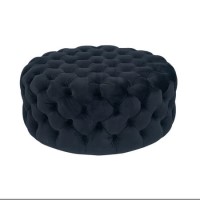 Round Pouffe in Black Velvet with Buttons