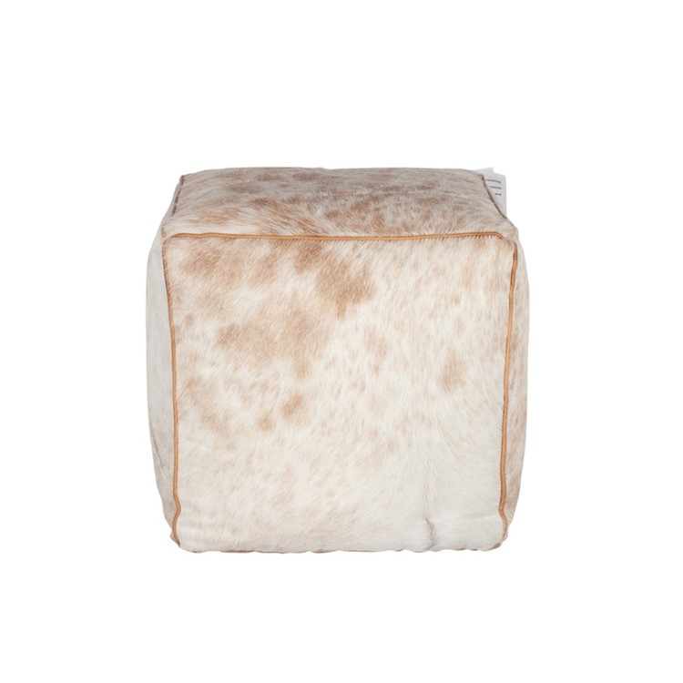 Cream and Brown Hide Leather Pouffe