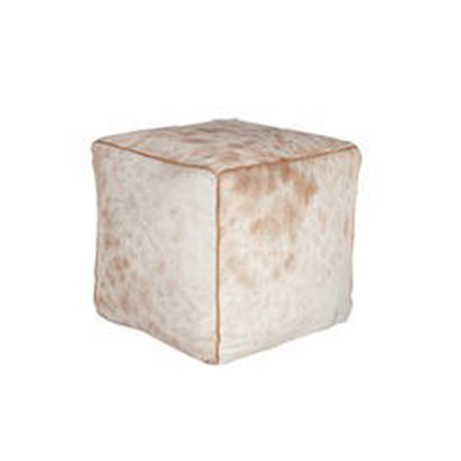 Cream and Brown Hide Leather Pouffe