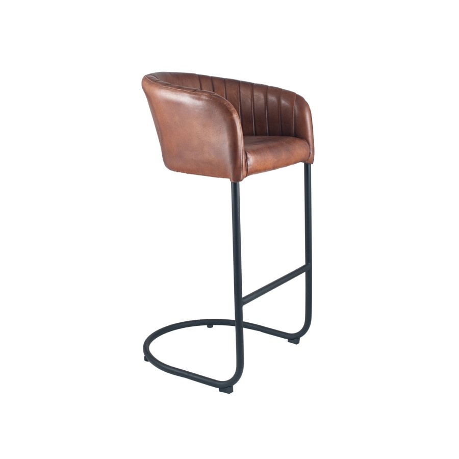 Vintage Brown Leather & Iron Curved Back Bar Stool