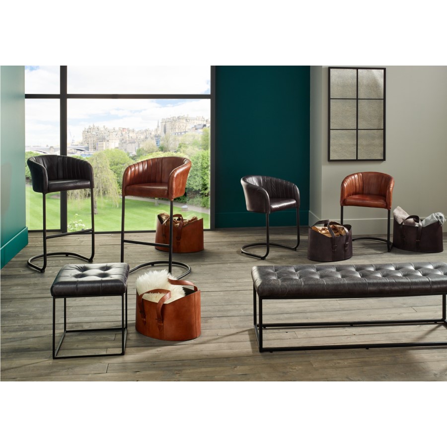 Steel Grey Leather & Iron Curved Back Dining Chair